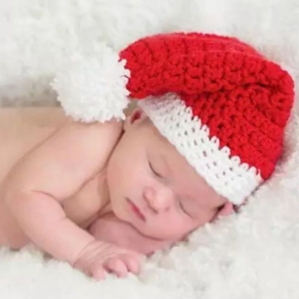 Newborn Infants Crocheted Santa Hat Red White Pom Beanies Cap NEW